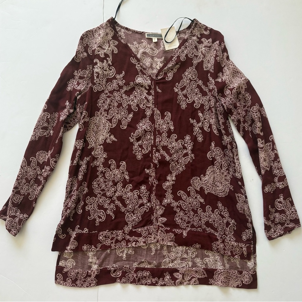 Pelione Women's Burgundy Brown Paisley Long-Sleeve V-Neck Tunic Small NWT